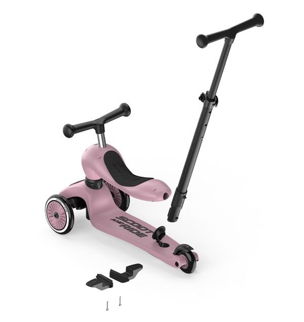 Rozā Scoot and Ride Highwaykick 1 skrejritenis ar stūmējrokturi un trim riteņiem
