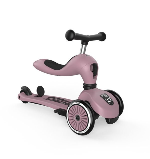 Rozā Scoot and Ride Highwaykick 1 skrejritenis ar stūmējrokturi un trim riteņiem