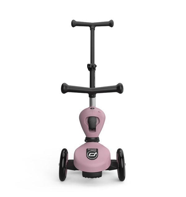 Rozā Scoot and Ride Highwaykick 1 skrejritenis ar stūmējrokturi un diviem riteņiem priekšāļ