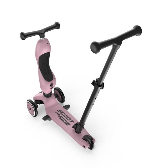 Rozā Scoot and Ride Highwaykick 1 skrejritenis ar stūmējrokturi un trim riteņiem