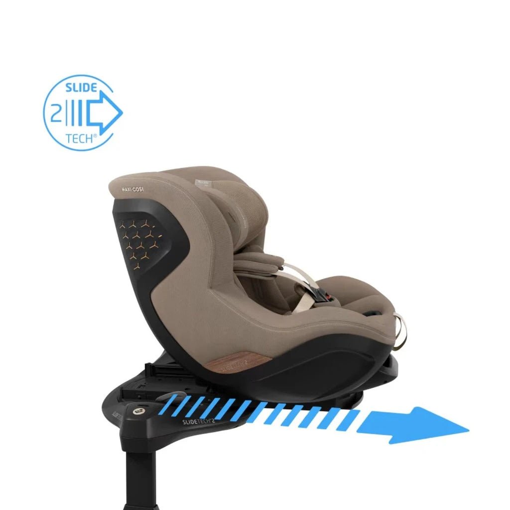 Bēšs Maxi-Cosi autokrēsliņš ar ISOFIX bāzi un bīdāmu pamatni