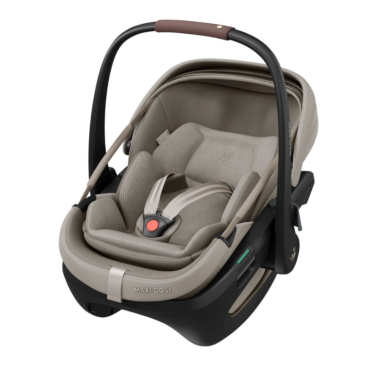 Maxi-Cosi Coral Slide Pro zīdaiņu autokrēsliņš bēšā tonī ar rokturi un drošības jostu
