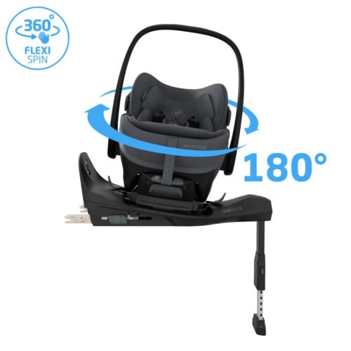 Melns Maxi-Cosi Pebble Slide Pro i-Size autokrēsliņš ar 360° grozāmu pamatni un balstu kāju
