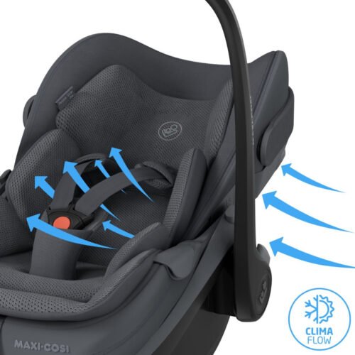 Tumši pelēks Maxi-Cosi Pebble Slide Pro autokrēsliņš ar drošības jostām un Clima Flow ventilāciju