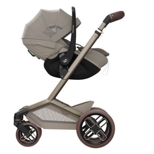 Maxi-Cosi mazuļa ratiņi ar kulbu, autokrēsliņu un lieliem riteņiem pelēki bēšā krāsā
