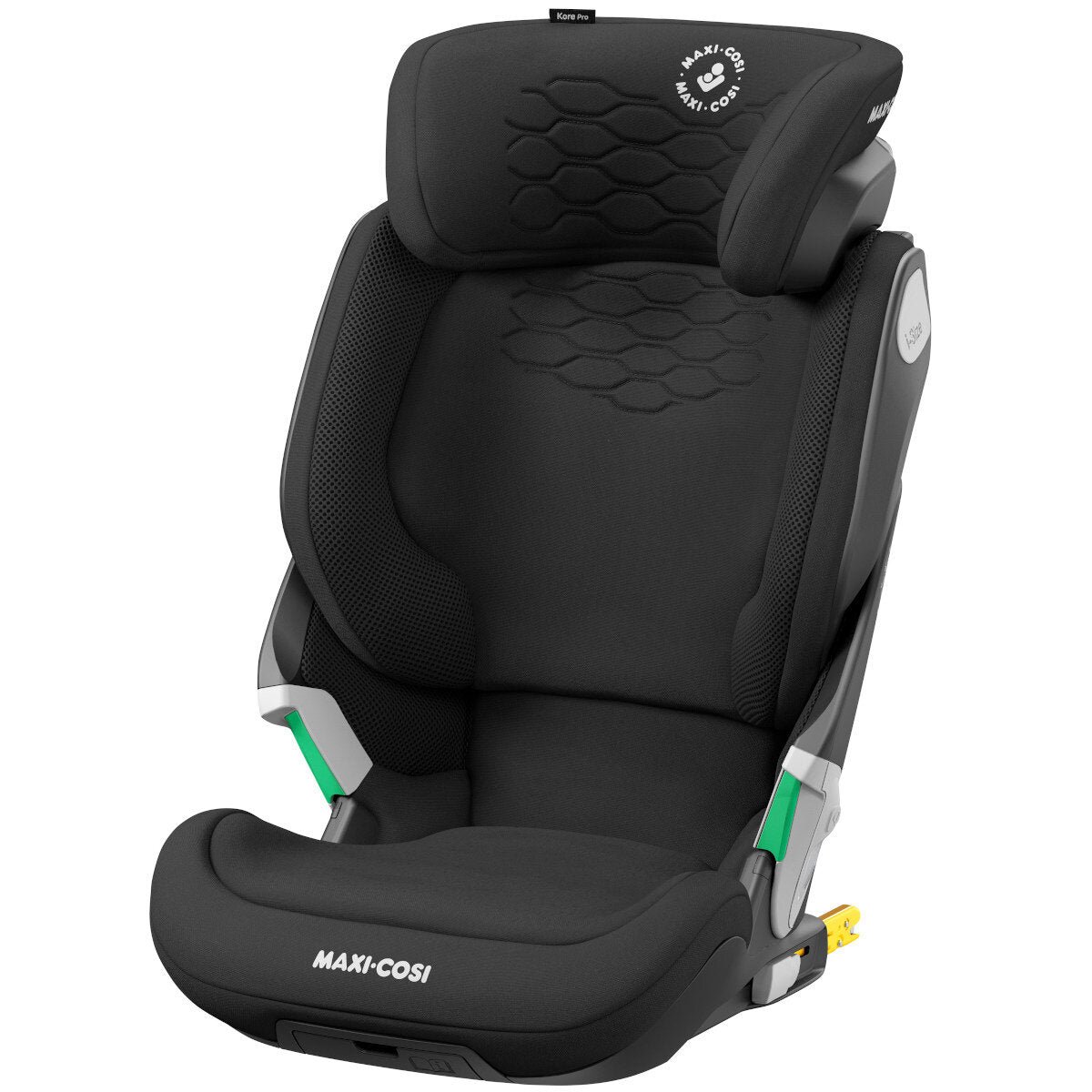 Maxi-Cosi Kore Pro i-Size autokrēsliņš melnā krāsā ar galvas balstu un polsterētu sēdvirsmu