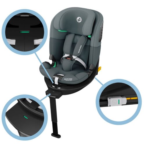 Tumši pelēks Maxi-Cosi bērnu autokrēsliņš ar Isofix bāzi un drošības indikatoriem