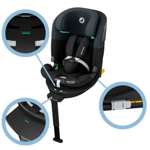 Melns Maxi-Cosi bērnu autokrēsliņš ar Isofix pamatni un zaļām detaļām