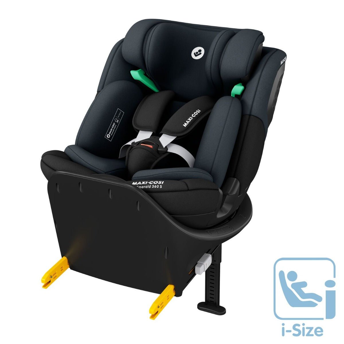 Melns Maxi-Cosi bērnu autokrēsliņš ar pagriežamu bāzi un i-Size marķējumu