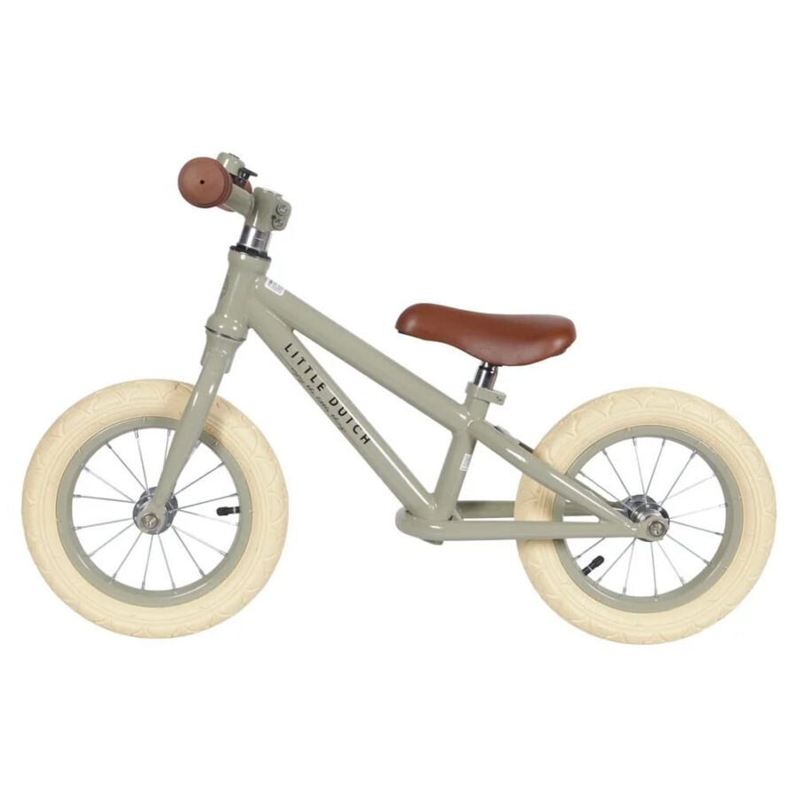 Little Dutch zaļš balansa velosipēds ar brūnu sēdekli un rokturiem
