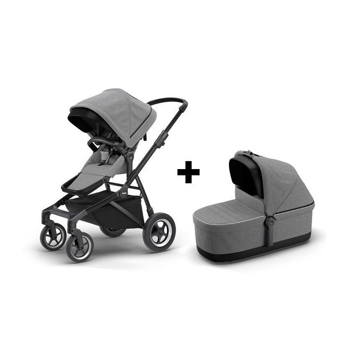 thule-sleek-2-1-set-grey-melange-on-black.jpg Thule bērnu ratiņi un pelēka kulba ar melnu rāmi un jumtiņu