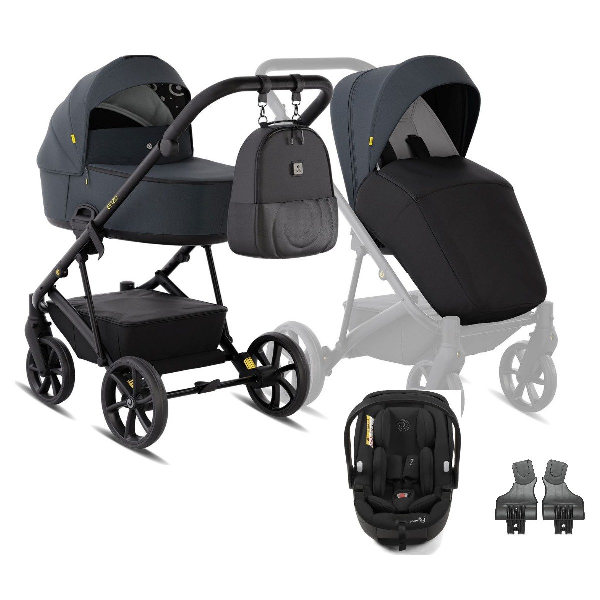 Tutis Enzo 3in1 Anthracite + Beno Black + adapteri Tutis Enzo 3in1 Anthracite (546) ar Beno i-Size Black autokrēsliņu un adapteriem