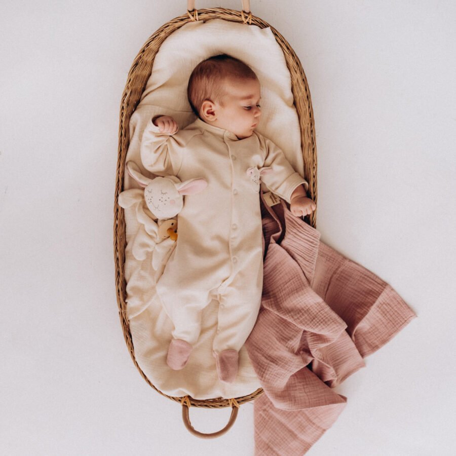 Wooly Organic French Terry kombinezons ar pēdiņām GOTS – Natural Ecru / Cinder, 62–68 cm